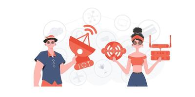 IOT and automation concept. A man and a woman are a team in the field of the Internet of things. Good for websites and presentations. Trendy flat style. Vector. vector