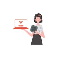 A woman holds a laptop and a processor chip in her hands. IOT and automation concept. Isolated. Vector illustration in flat style.