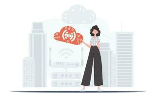 A woman is holding an internet thing icon in her hands. IOT and automation concept. Good for websites and presentations. Vector illustration.