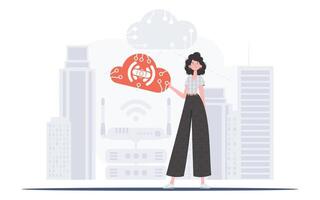 un mujer es participación un Internet cosa icono en su manos. iot y automatización concepto. bueno para sitios web y presentaciones vector ilustración.