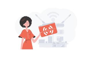 un mujer es participación un Internet cosa icono en su manos. Internet de cosas concepto. bueno para presentaciones y sitios web vector ilustración en plano estilo.