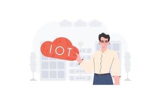 The guy is holding an internet thing icon in his hands. Internet of things and automation concept. Good for presentations and websites. illustration. vector