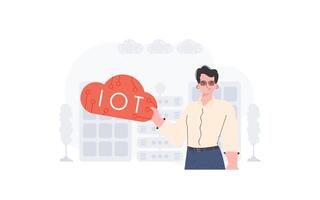 The guy is holding an internet thing icon in his hands. Internet of things and automation concept. Good for presentations and websites. Vector illustration.