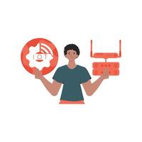 A man holds an internet thing icon in his hands. Router and server. IoT concept. Isolated. illustration in trendy flat style. vector