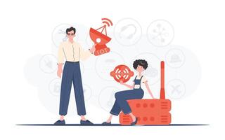 Internet de cosas y automatización concepto. un hombre y un mujer son un equipo en el campo de el Internet de cosas. bueno para sitios web y presentaciones vector ilustración en de moda plano estilo.