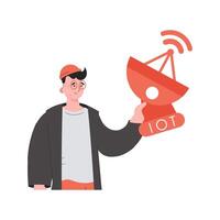 IOT and automation concept. The guy is holding a satellite dish in his hands. Isolated. Vector illustration in flat style.