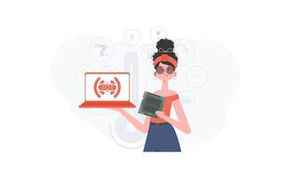 The girl is holding a laptop and a processor chip in her hands. IoT concept. Vector illustration in trendy flat style.