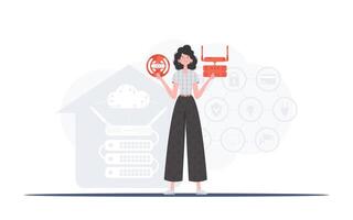 IoT concept. A woman holds the internet of things logo in her hands. Router and server. Good for websites and presentations. Vector illustration in trendy flat style.