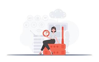 Internet de cosas concepto. un mujer es participación un Internet cosa icono en su manos. enrutador y servidor. bueno para sitios web y presentaciones vector ilustración en plano estilo.