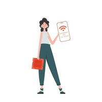 The girl is holding a phone with the IoT logo in her hands. Internet of things and automation concept. Vector illustration in trendy flat style.