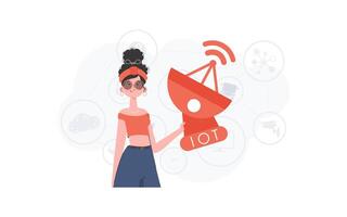 A woman holds a satellite dish in her hands. Internet of things concept. Good for presentations and websites. Vector illustration in trendy flat style.