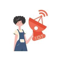 Internet of things and automation concept. A woman holds a satellite dish in her hands. Isolated. Vector illustration in trendy flat style.