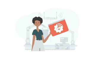A woman is holding an internet thing icon in her hands. Internet of things concept. Good for websites and presentations. Vector illustration in trendy flat style.