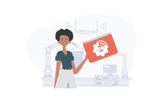 A woman is holding an internet thing icon in her hands. Internet of things concept. Good for websites and presentations. illustration in trendy flat style. vector