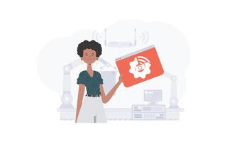 un mujer es participación un Internet cosa icono en su manos. Internet de cosas concepto. bueno para sitios web y presentaciones vector ilustración en de moda plano estilo.