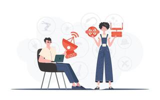 Internet of things and automation concept. The girl and the guy are a team in the field of Internet of things. Good for presentations and websites. Vector illustration.