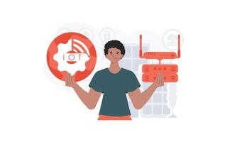 IoT concept. A man holds the internet of things logo in her hands. Router and server. Good for presentations and websites. Vector illustration in flat style.