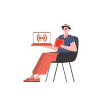 A man holds a laptop and a processor chip in his hands. Internet of things and automation concept. Isolated. Vector illustration in trendy flat style.