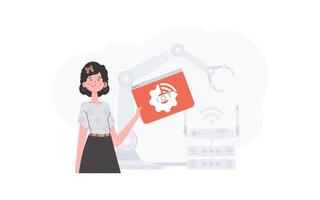 un mujer es participación un Internet cosa icono en su manos. Internet de cosas concepto. bueno para sitios web y presentaciones vector ilustración en plano estilo.