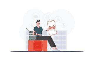 Internet de cosas concepto. un hombre sostiene un teléfono con el iot logo en su manos. vector ilustración en de moda plano estilo.