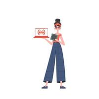 A woman holds a laptop and a processor chip in her hands. Internet of things concept. Isolated. Vector illustration in trendy flat style.