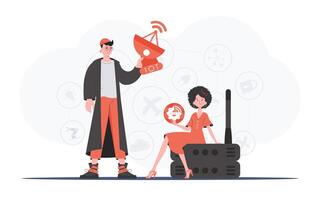 iot concepto. el niña y el chico son un equipo en el campo de Internet de cosas. bueno para presentaciones y sitios web vector ilustración en plano estilo.