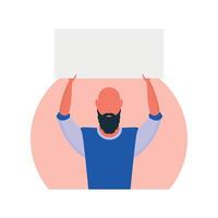 Man with blank banner isolated on white background. The guy is protesting. Vector