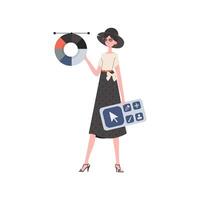 Woman standing full length holding designer panel with color wheel. Isolated. Element for presentation. vector