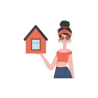 The girl is depicted waist-deep holding a house in her hands. Selling a house or real estate. Isolated. Vector illustration.