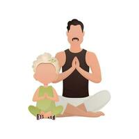 A man with a cute little girl are sitting meditating. Isolated. Cartoon style. vector