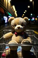 un osito de peluche oso sentado en un compras carro. ai generado foto