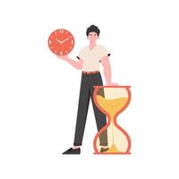 A man stands in full growth with an hourglass. Isolated. Element for presentation. vector