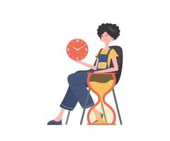 A woman sits in a chair next to an hourglass. Isolated. Element for presentation. vector