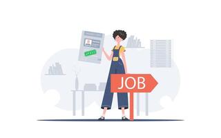 A woman holds in her hands a passed test for a vacancy. The concept of finding employees. Vector illustration in a flat style.