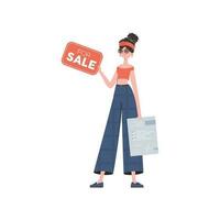 Girl with a document and a tablet in her hands for sale. Selling a house or real estate. Isolated. Vector illustration.