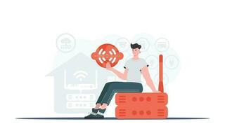Internet of things concept. A man holds the internet of things logo in her hands. Router and server. Good for websites and presentations. Trendy flat style. Vector illustration.