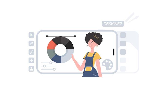 A woman stands waist-deep and holds a color palette. Design. Element for presentation.