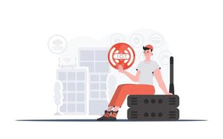 Internet of things concept. A man holds the internet of things logo in her hands. Router and server. Good for websites and presentations. Vector illustration in flat style.