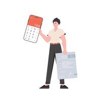 A man holds a calculator and a tax form in his hands. Isolated on white background. Vector illustration.