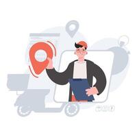 A man stands waist-deep and holds a navigation sign in his hands. Delivery. Element for presentations, sites. vector