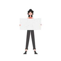 A woman stands in full growth shows an empty sheet. Isolated. Flat style. Element for presentations, sites. vector