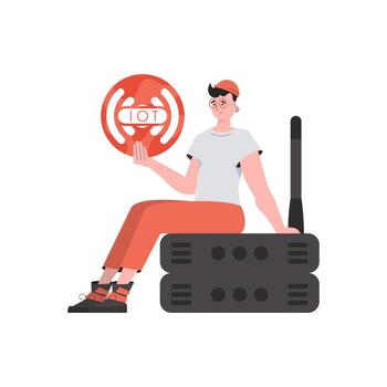 A man holds an internet thing icon in his hands. Router and server. IoT concept. Isolated. illustration. vector
