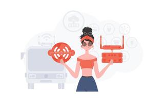 IoT concept. A woman holds the internet of things logo in her hands. Router and server. Good for presentations and websites. Vector illustration in trendy flat style.