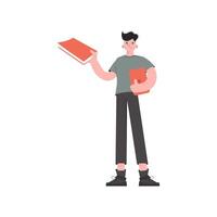 The guy stands in full growth with a book and a tablet. Isolated. Element for presentations, sites. vector