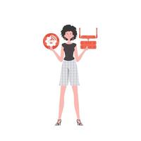 A woman holds the internet of things logo in her hands. Router and server. IOT and automation concept. Isolated. Vector illustration in flat style.