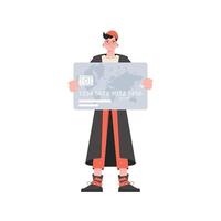 A man stands in full growth with a bank card. Isolated. Flat style. Element for presentations, sites. vector