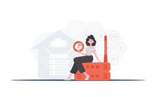 Internet de cosas concepto. un mujer es participación un Internet cosa icono en su manos. enrutador y servidor. bueno para sitios web y presentaciones de moda plano estilo. vector ilustración.