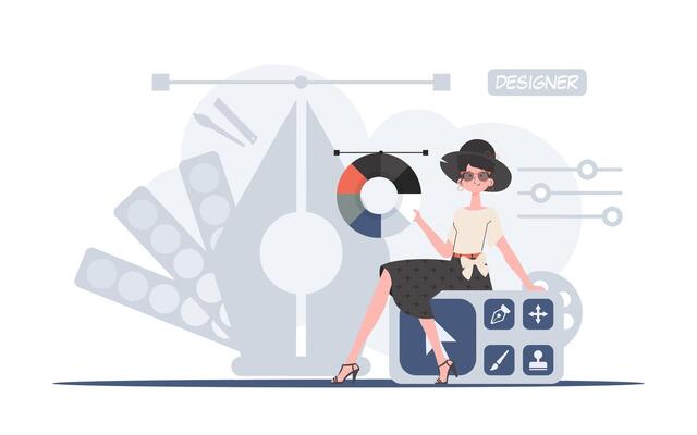 A woman sits on a design panel with a color palette. Design. Element for presentation.