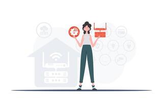 Internet de cosas y automatización concepto. un mujer es participación un Internet cosa icono en su manos. enrutador y servidor. bueno para presentaciones y sitios web de moda plano estilo. vector ilustración.