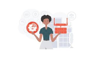 IoT concept. A woman is holding an internet thing icon in her hands. Router and server. Good for presentations and websites. Trendy flat style. Vector illustration.